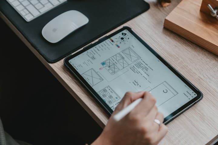 Designer sketching app wireframes on a tablet with a stylus